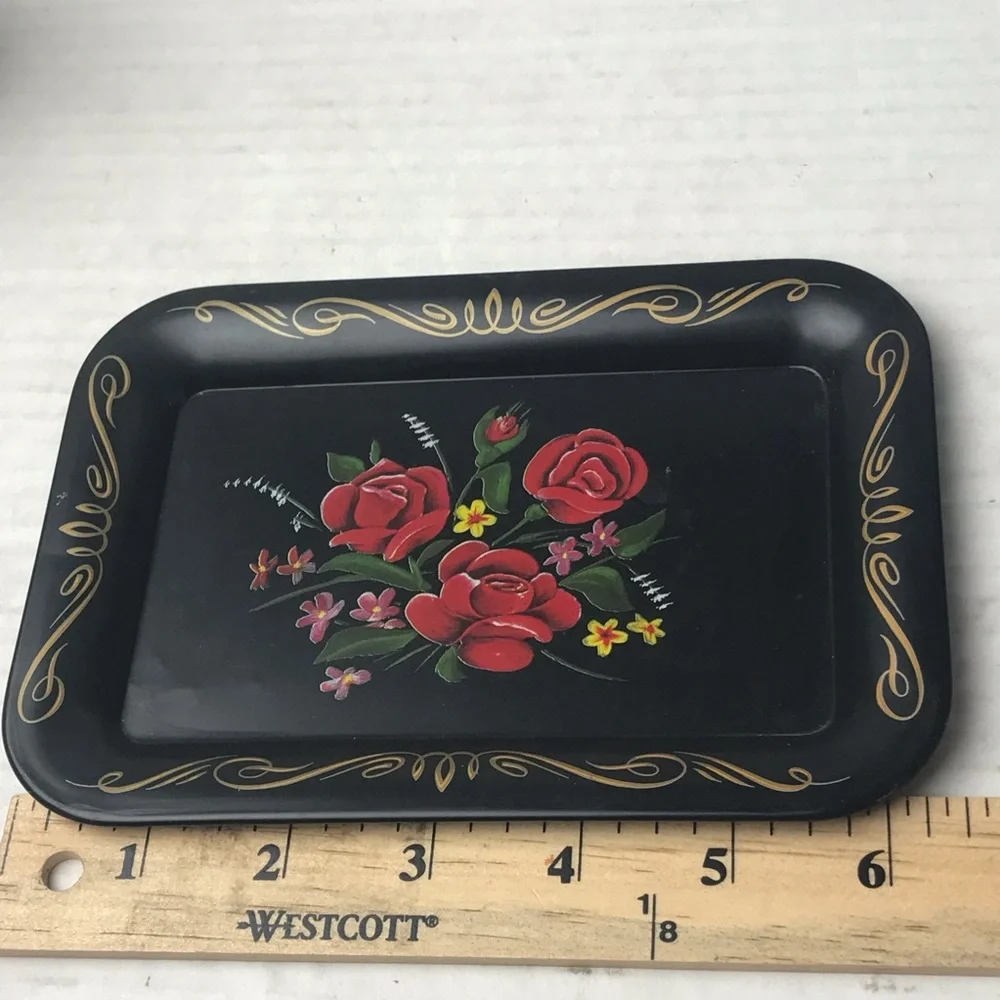 VINTAGE TOLE TRAY METAL HAND PAINTED BLACK FLORAL TRINKET DISH